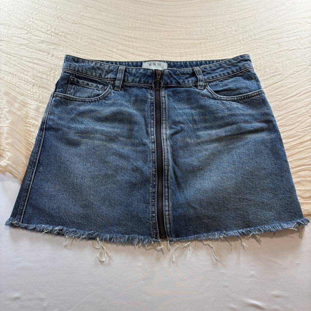 We The Free Womens Zip Front Frayed Hem Retro Boho Jean Skirt Size 31
